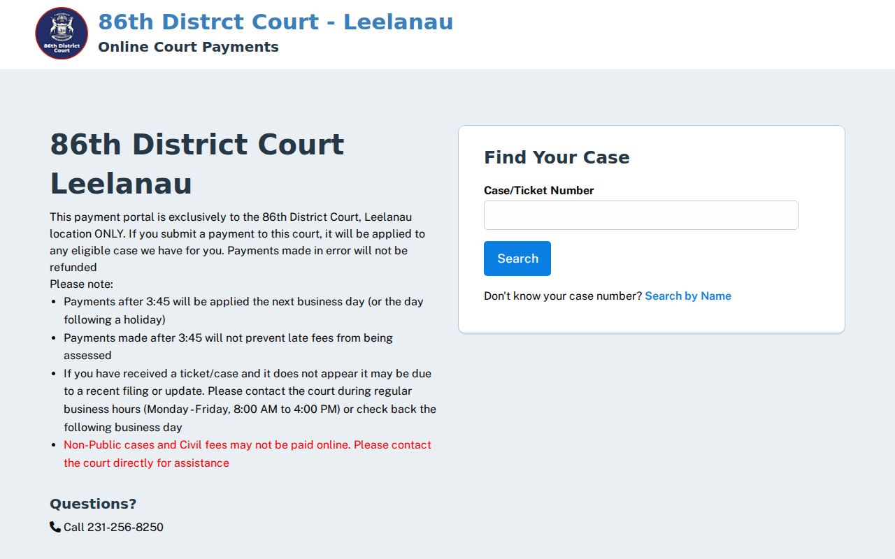 Leelanau County case docket Webtecs payment search