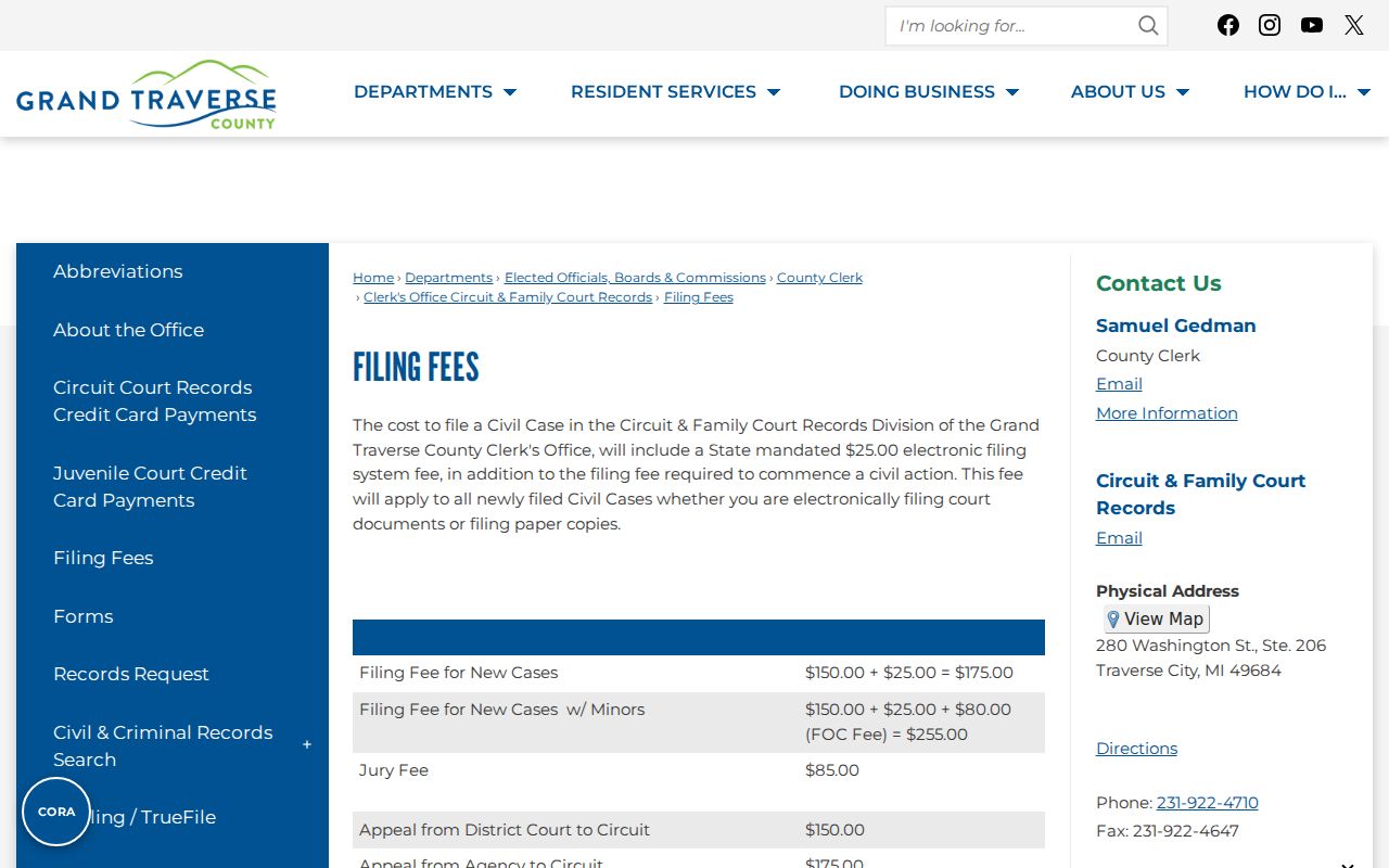 Leelanau County civil docket circuit filing and copy fees