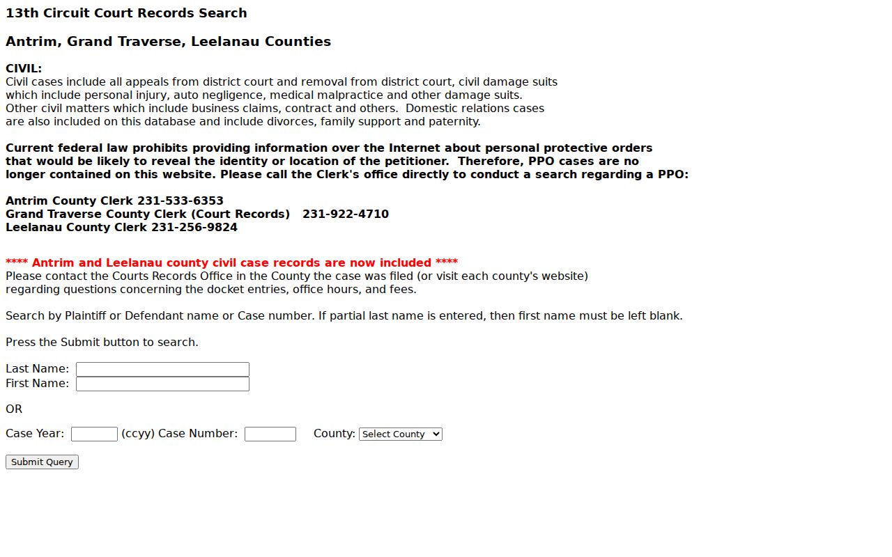 Leelanau County civil docket shared search form