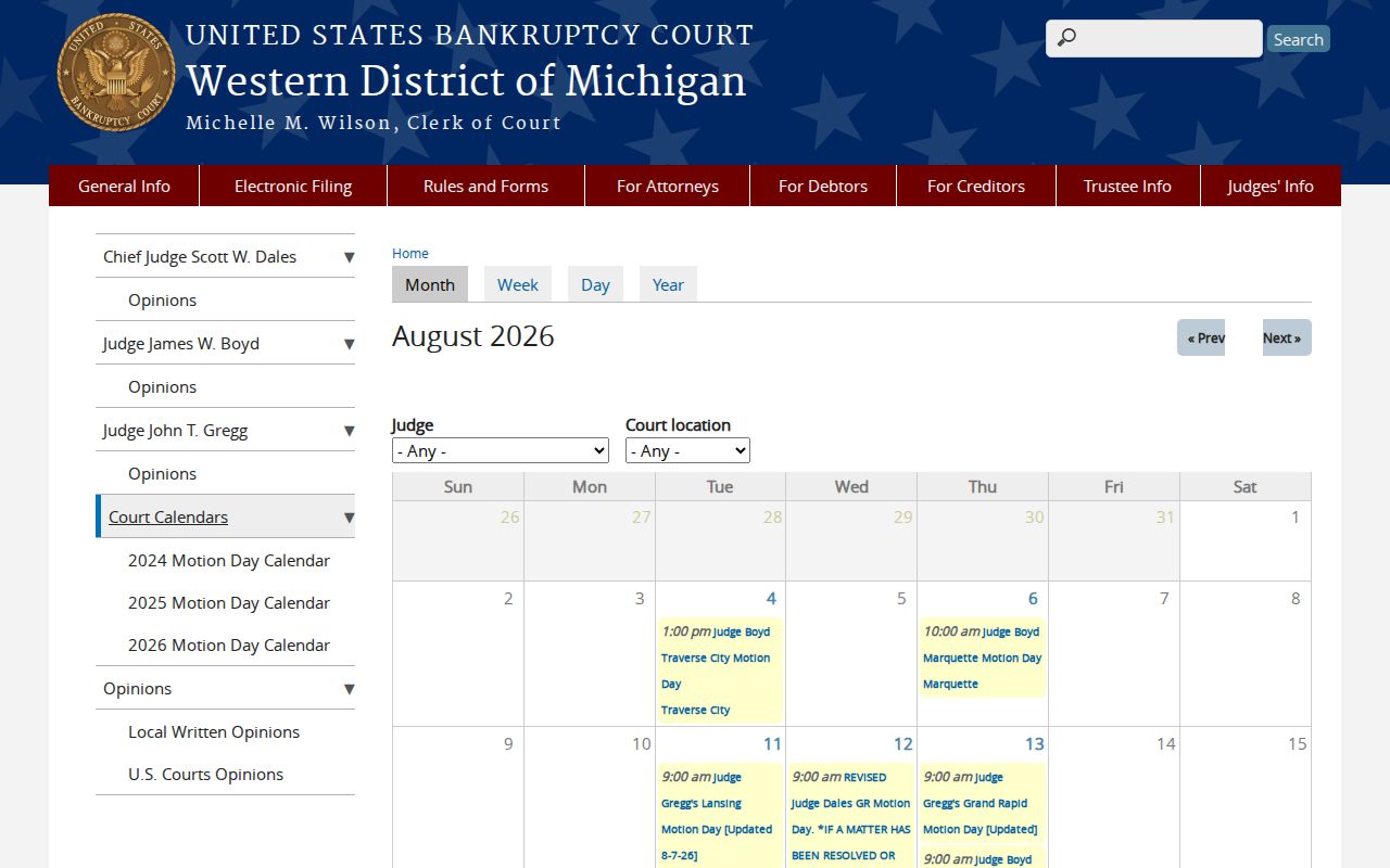 Leelanau County court schedule comparison with federal bankruptcy calendar filters