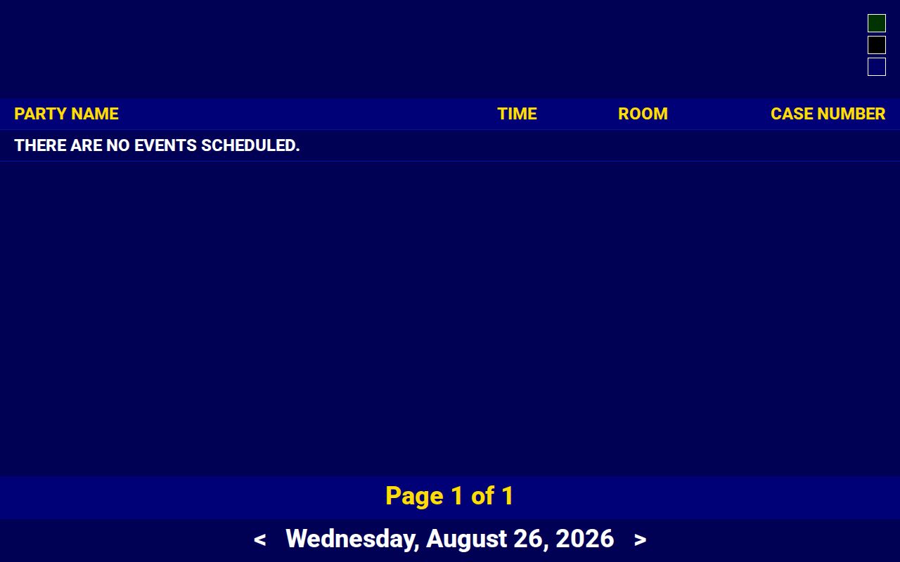 Leelanau County court schedule calendar columns for party time room and case number