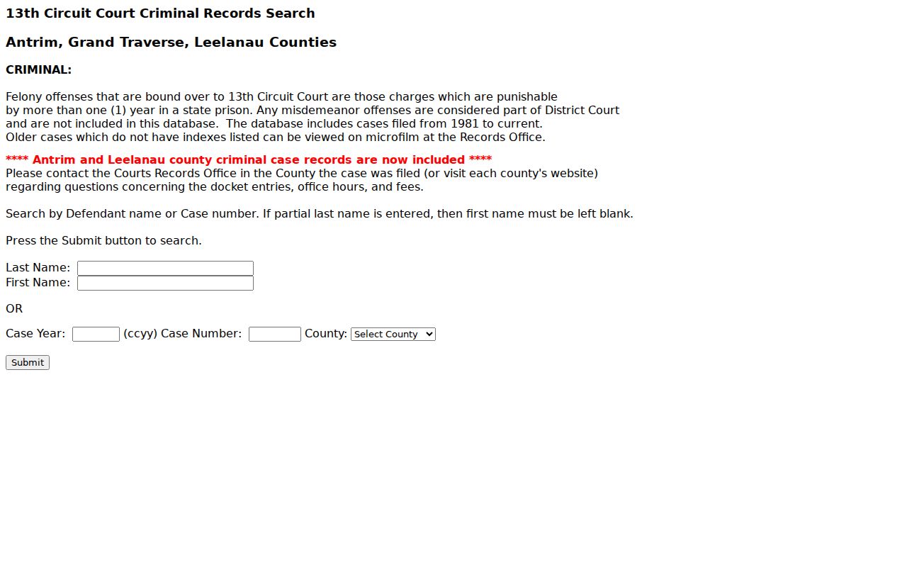 Leelanau County criminal docket felony search form