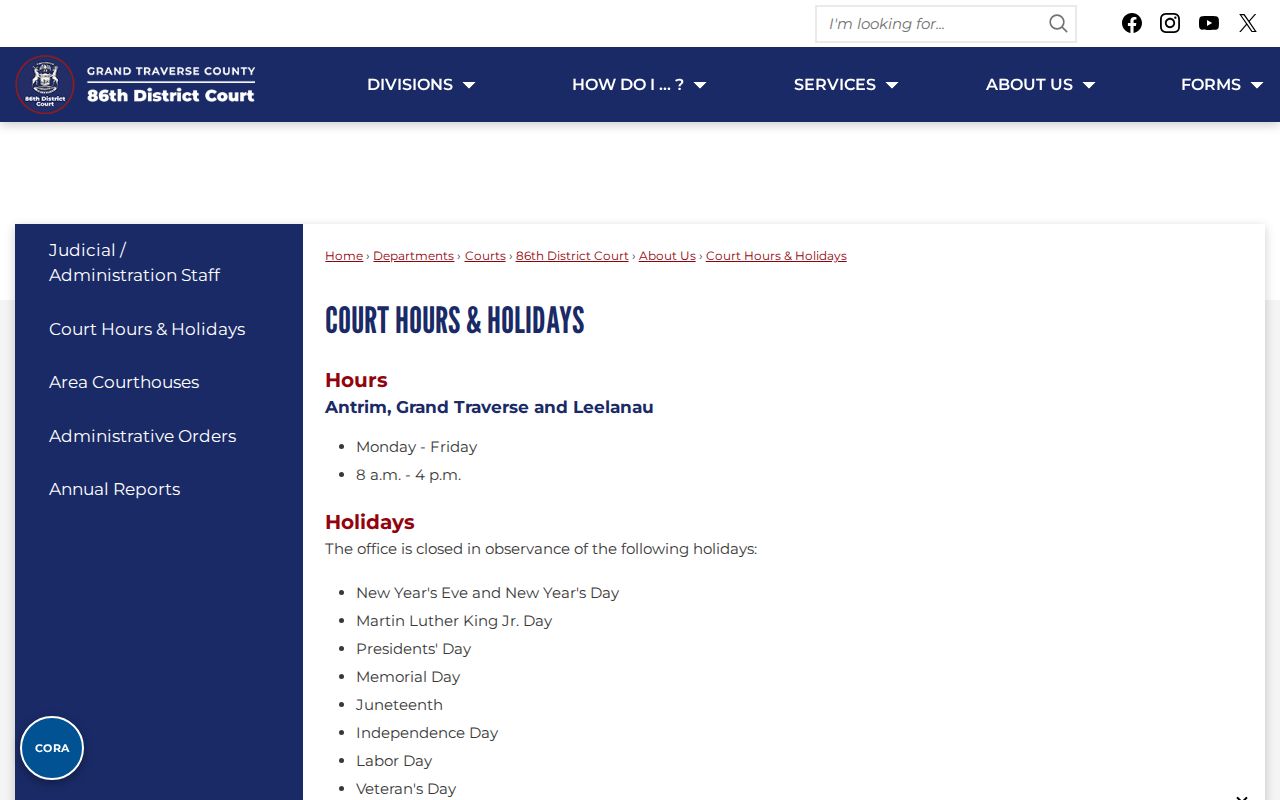 Empire Leelanau court records and 86th District Court hours reference