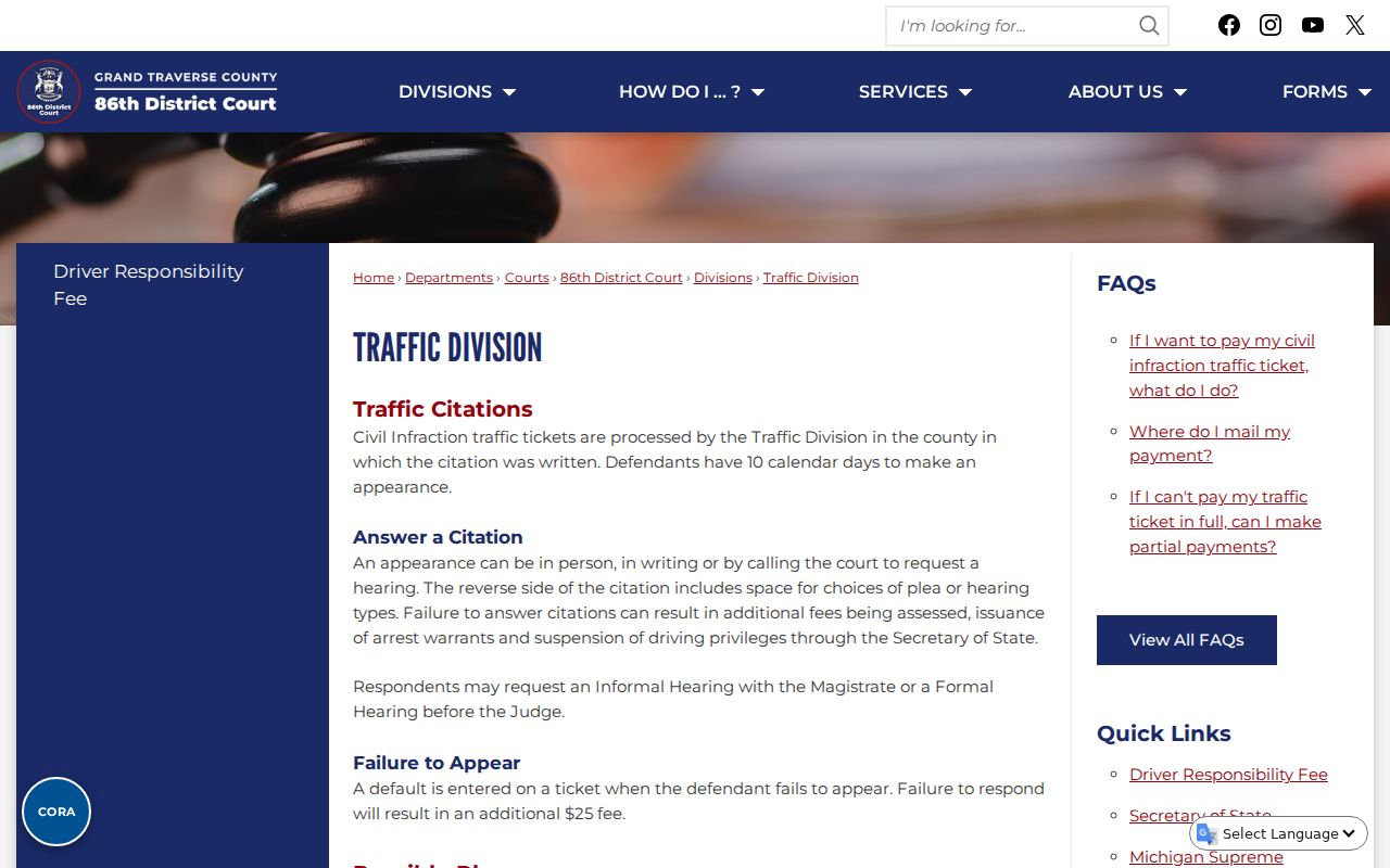 Leelanau County traffic court record information from the 86th District Traffic Division
