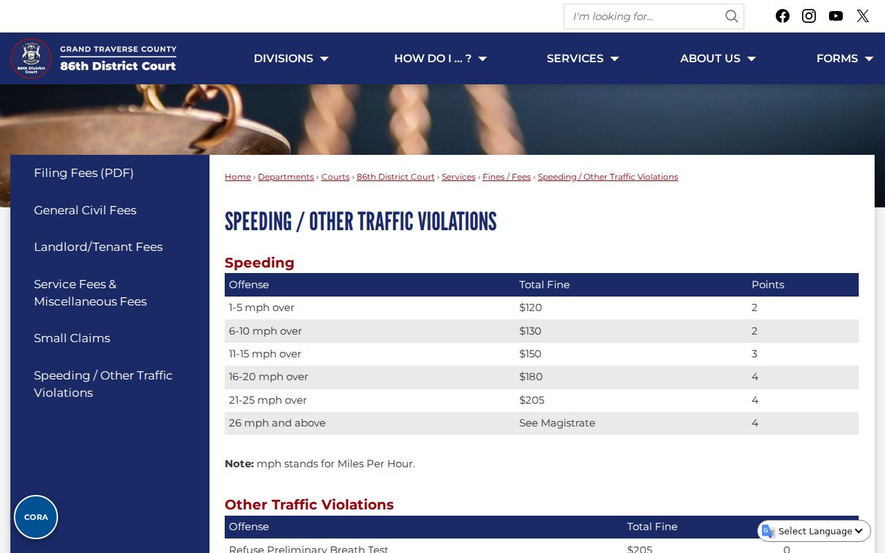 Leelanau County traffic court record fine table with local traffic examples